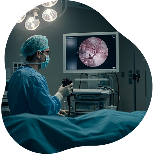 Médico realizando colonoscopia com visualização do intestino em monitor hospitalar.